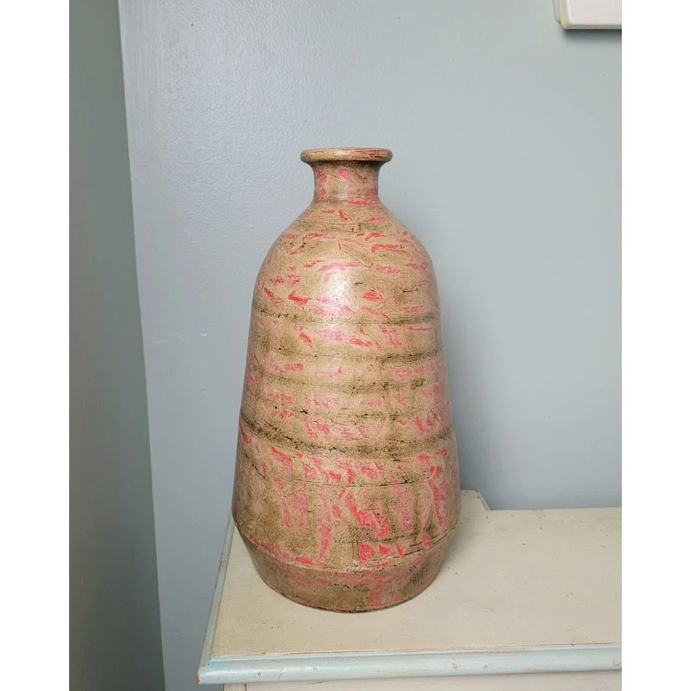 Vintage‎ Mexican Terracotta Vase Pink Tan Distressed Rustic Pottery 12 Inch